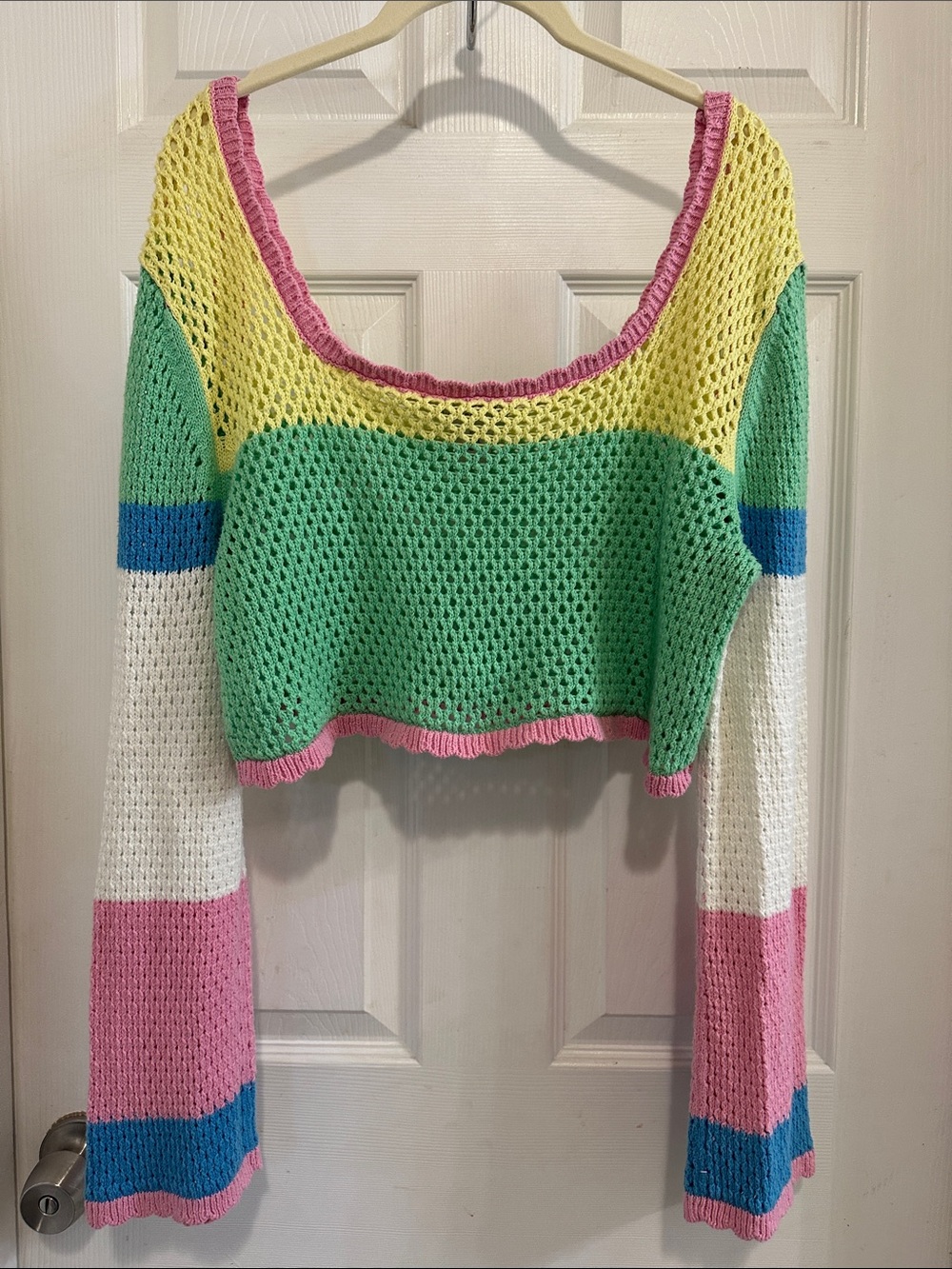 Sincerly Jules Cropped Open-Knit Sweater in Mint, Yellow & Pink